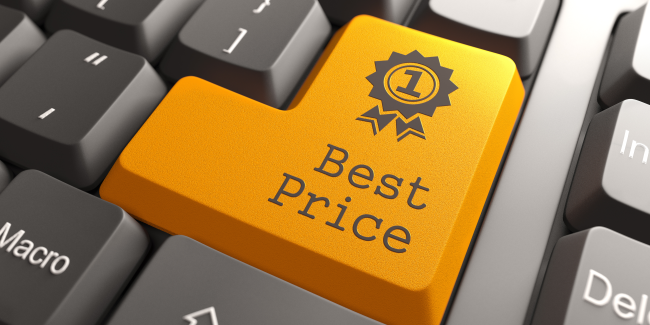 Image of a keyboard with a highlighted orange key labeled 'Best Price' featuring a badge icon, symbolizing value and affordability in desktop computer prices.